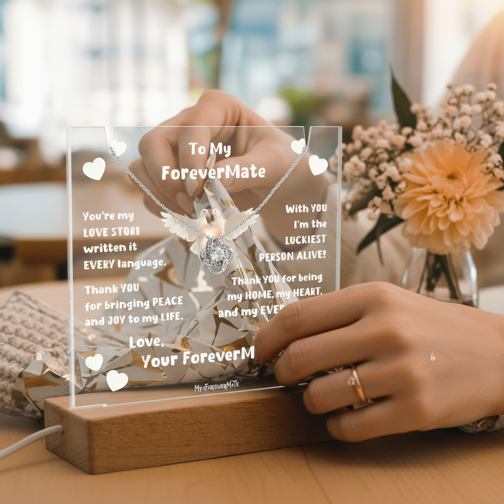 Couples LED Acrylic Plaque + Love Knot Necklace Bundle