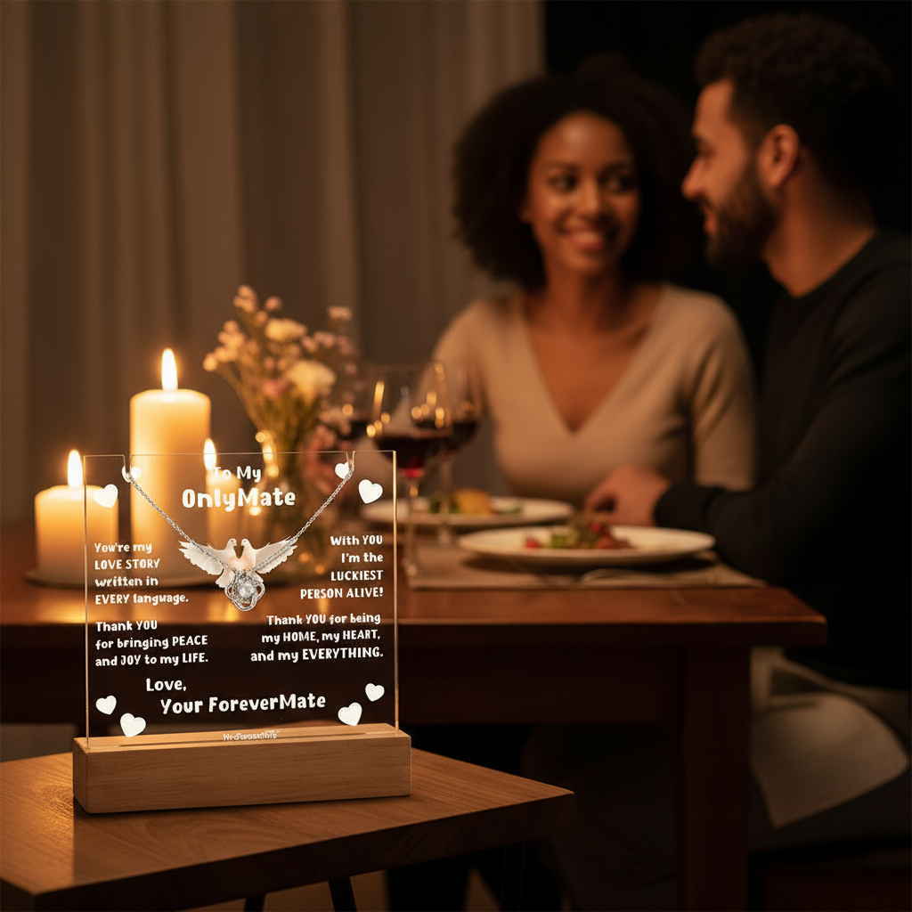 Couples LED Acrylic Plaque + Love Knot Necklace Bundle