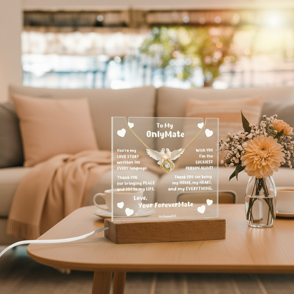 Couples LED Acrylic Plaque + Love Knot Necklace Bundle