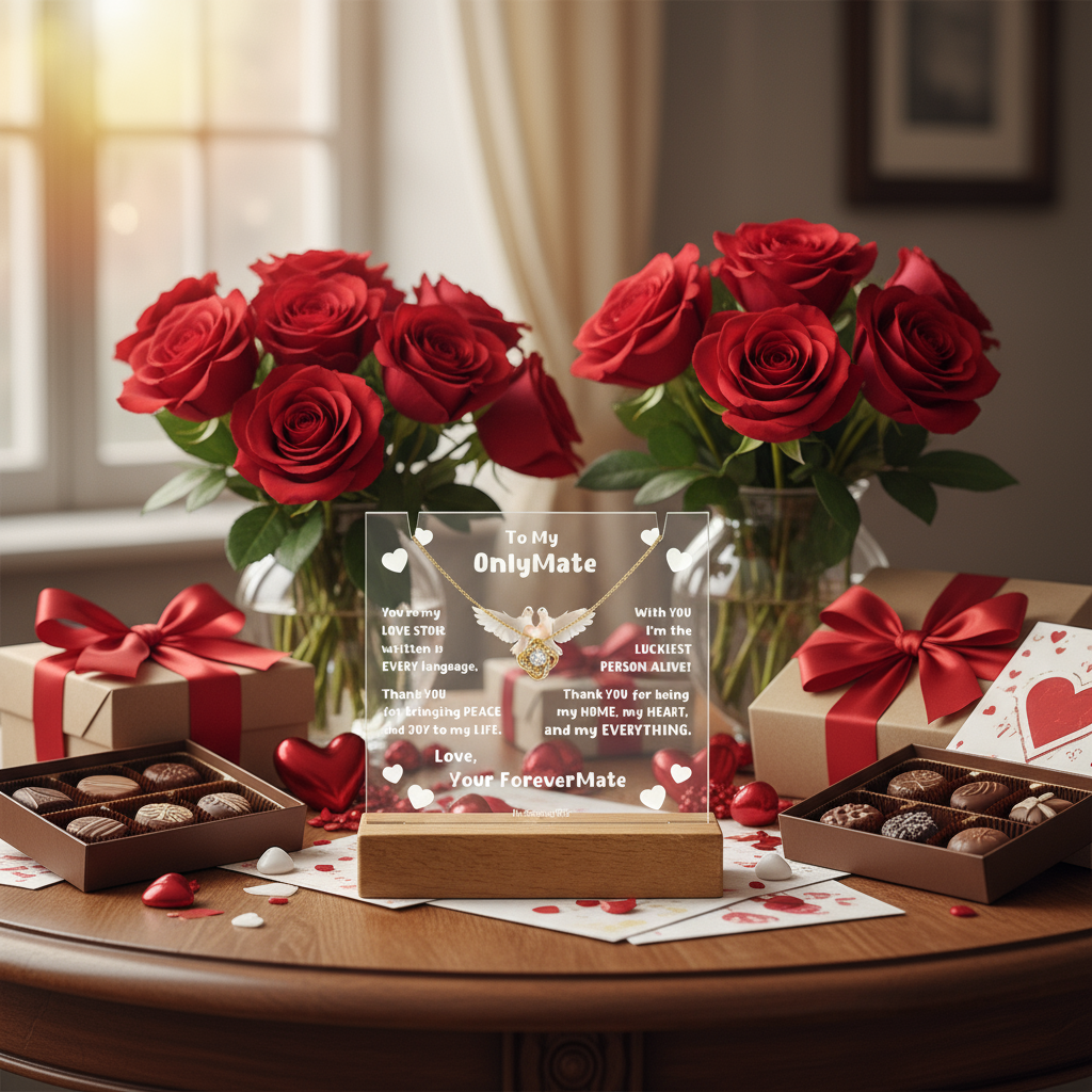 Couples LED Acrylic Plaque + Love Knot Necklace Bundle